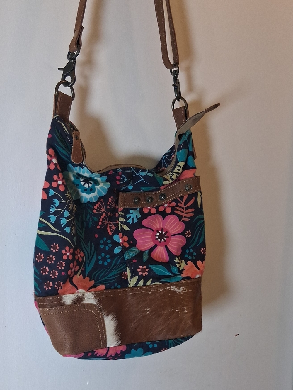 Myra Bag Floral Canvas Shoulder Bag in Navy with Pink & Teal Accents